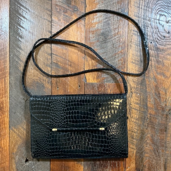 Vintage Black Croc Embossed Shoulder Bag Clutch Crossbody Convertible - Picture 1 of 7